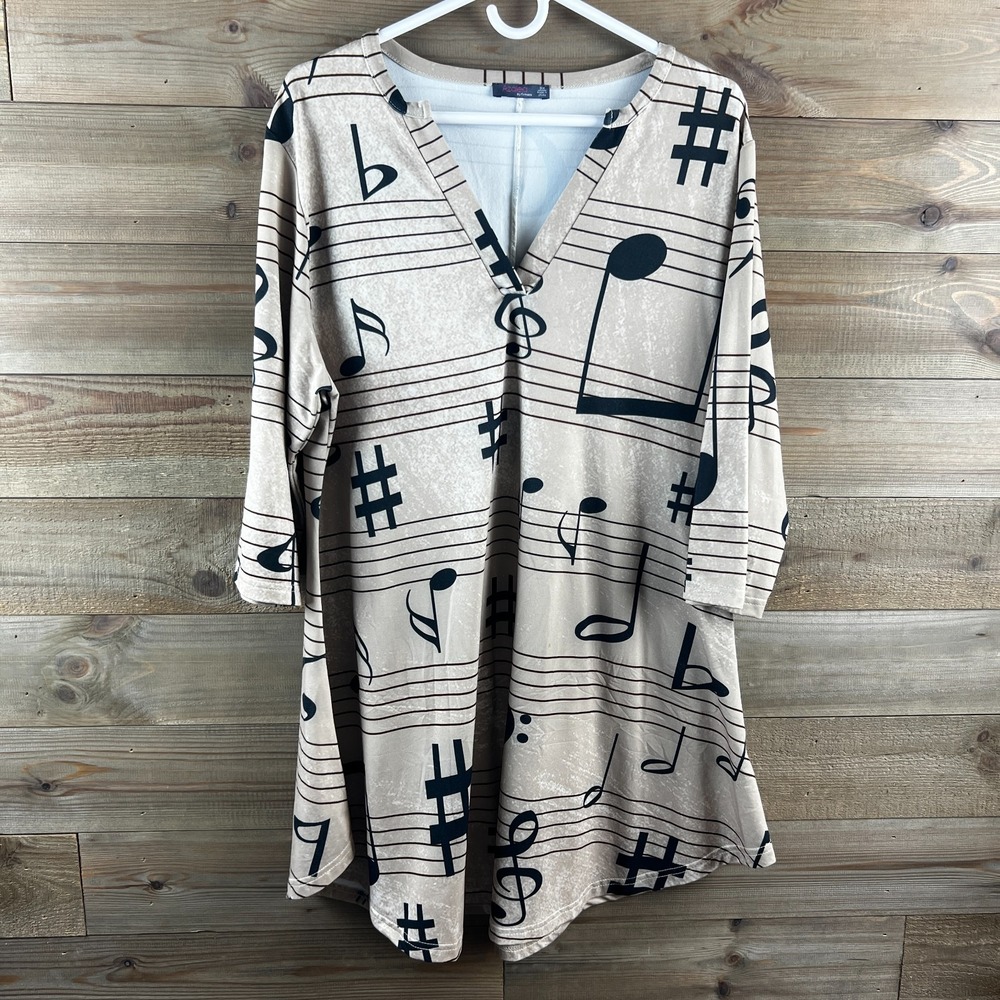 Azalea By Firmiana Womens Shirt 3/4 Sleeve Music Notes Tunic Blouse Tan Black 2X